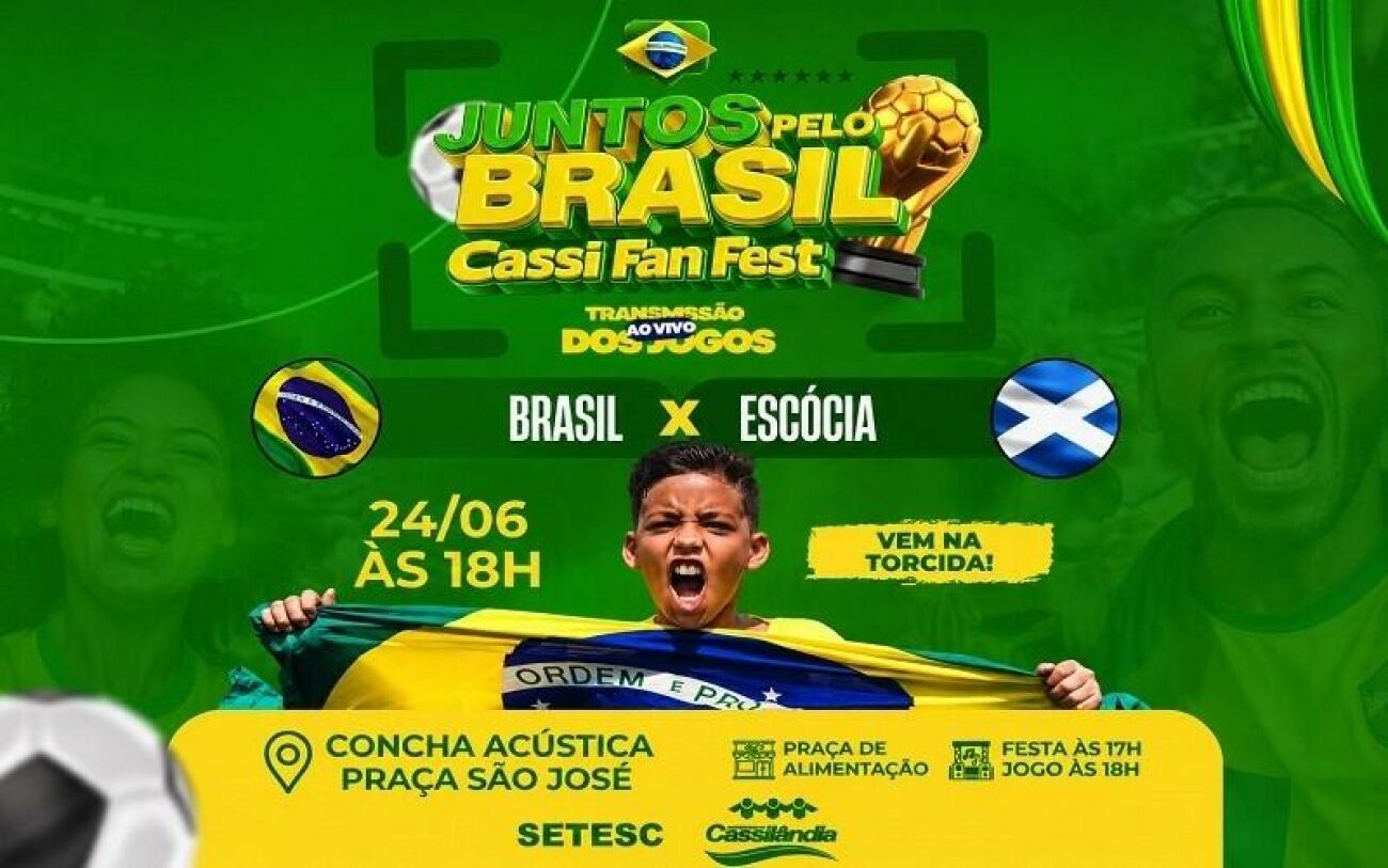Ilustração da notícia Cassi Fan Fest terá transmissão de Brasil x Escócia nesta quarta-feira em Cassilândia da MS Todo dia